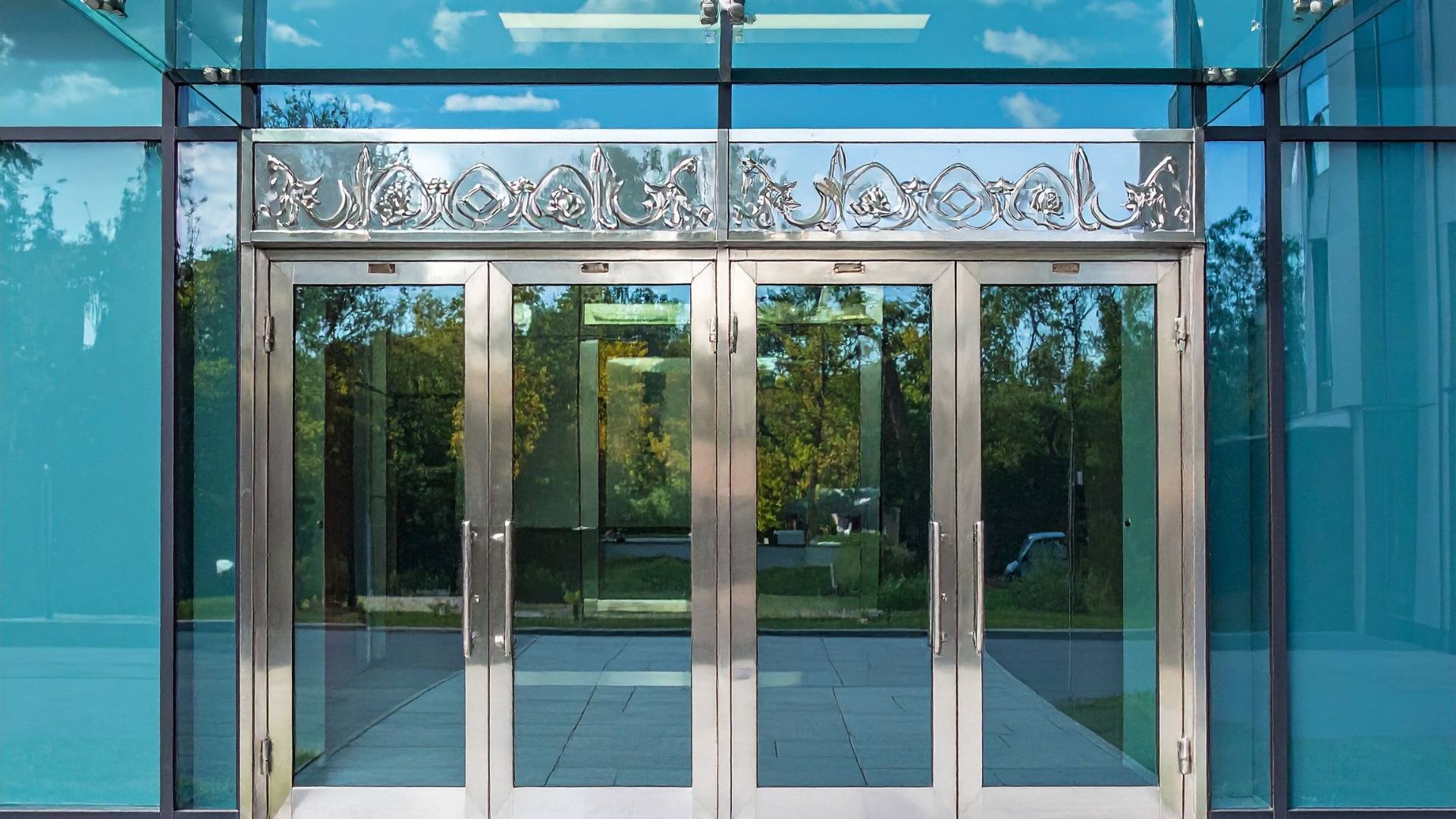 Storefront glass entry doors with side glass panels